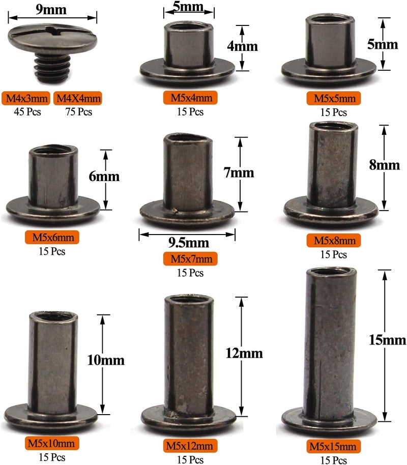 ALLOYPRO 120Pcs Black Chicago Screws Assorted Kit 8Size Gun Metal Leather Rivets 3/16" Screw Rivet Phillip Head Book Binding Posts Nail Rivet Chicago Bolt for DIY Leather Craft (M5x4/5/6/7/8/10/12/15) - Image 2